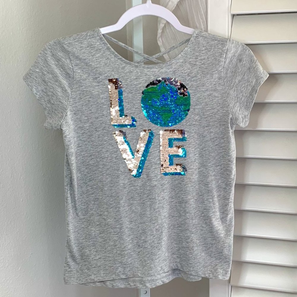PLACE, Girls, "Love Earth" Sequin T-Shirt, Heather Grey, Size L